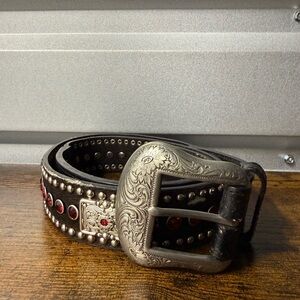 Nocona Womens L Leather Red Rhinestone Belt Black Western Festival Cowgirl 36